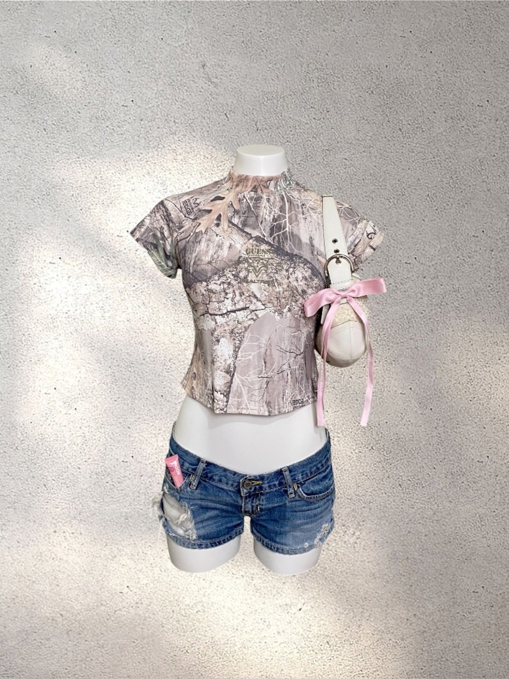 GUESS Originals x Realtree Camo Mock Neck Tee | Y2K Gorpcore Camouflage Baby Tee